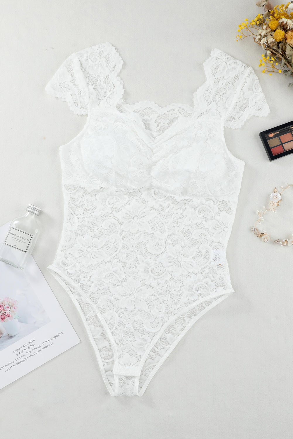 Ruched Sweetheart Neck Lace Bodysuit 