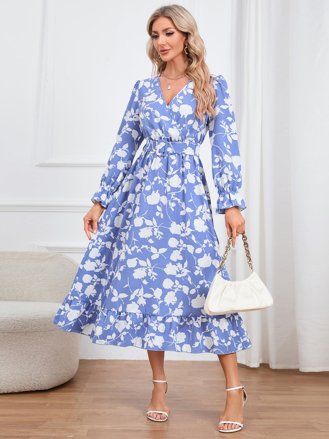 Floral Surplice Flounce Sleeve Ruffle Hem Dress 