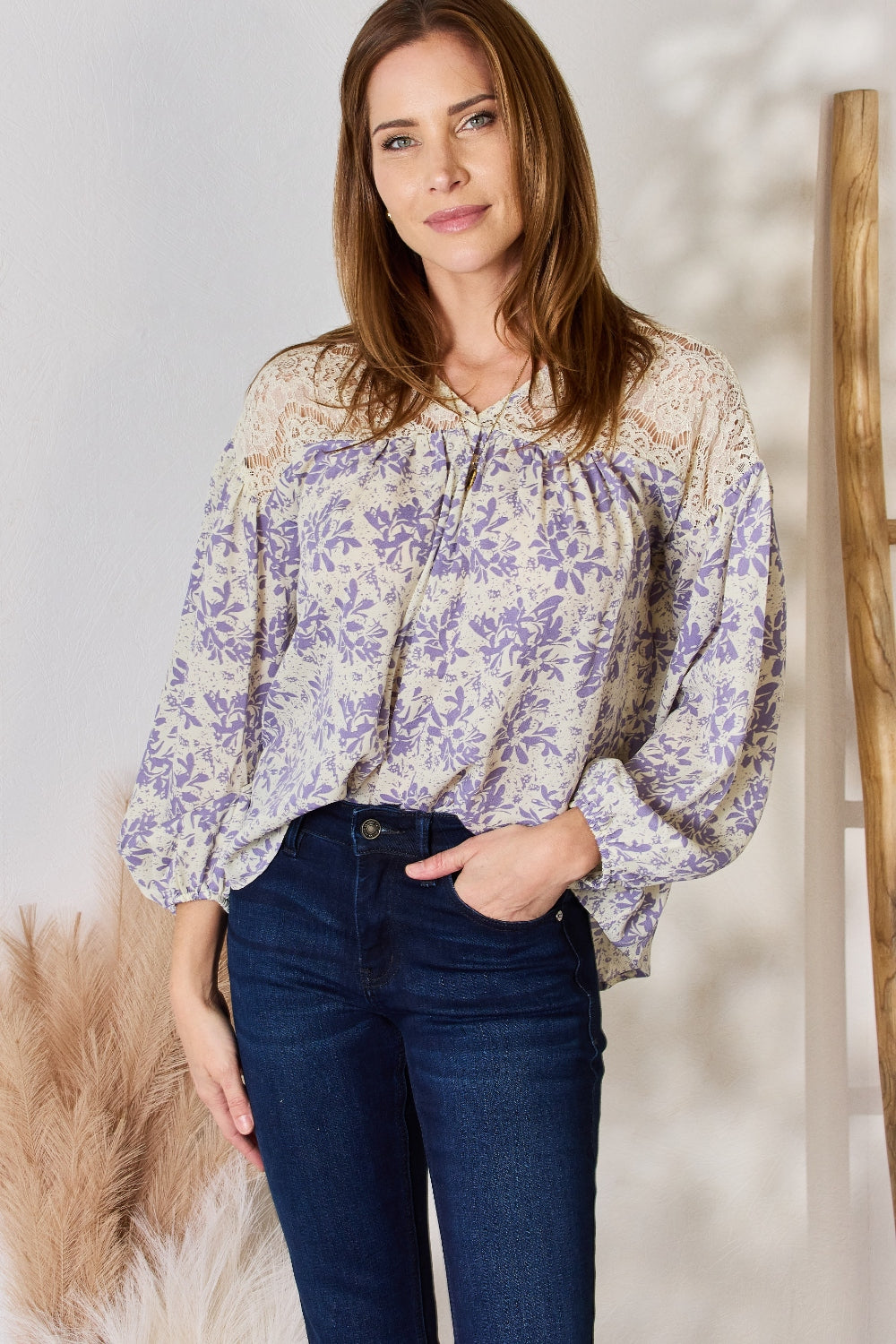 Hailey & Co Full Size Lace Detail Printed Blouse 