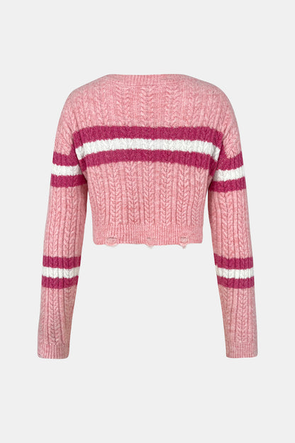 Cable-Knit Striped Dropped Shoulder Sweater 