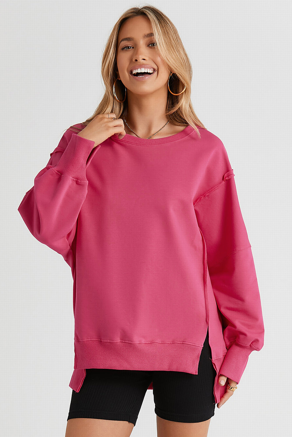 Slit Exposed Seam Round Neck Sweatshirt 