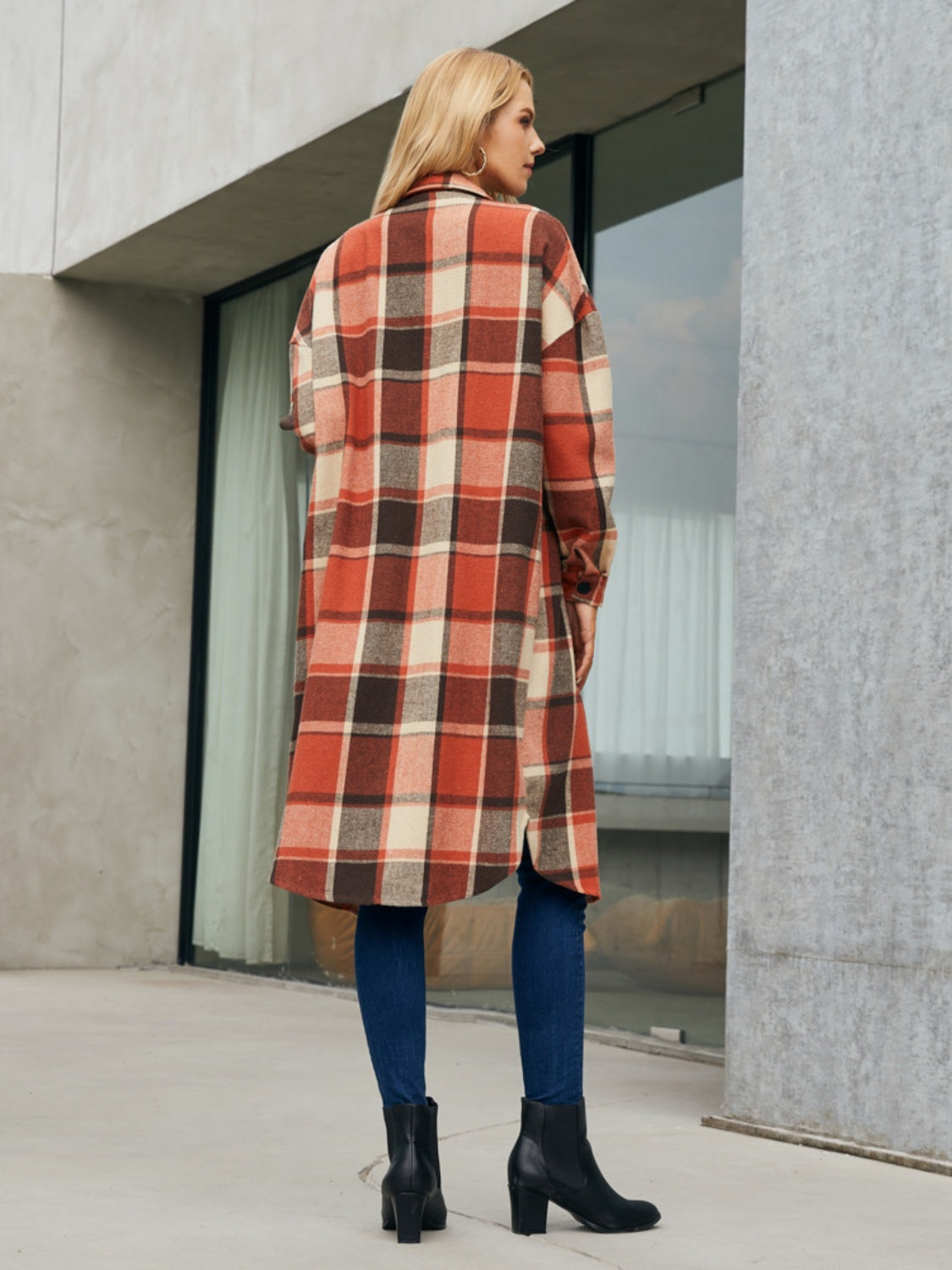 Plaid Pocketed Button Up Trench Coat 