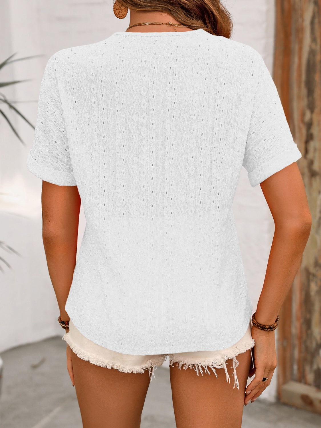 Eyelet V-Neck Short Sleeve Top 