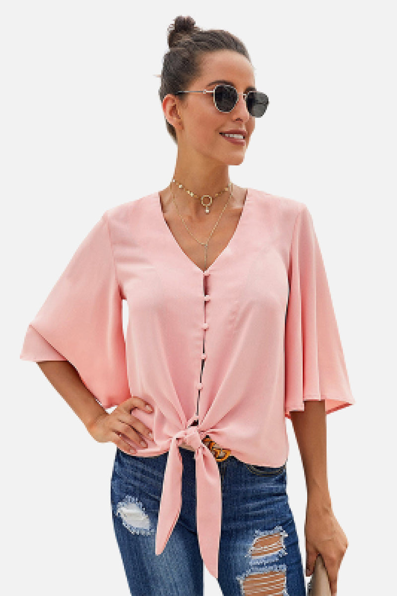 Button Tie Top - Babbazon Women's Tops