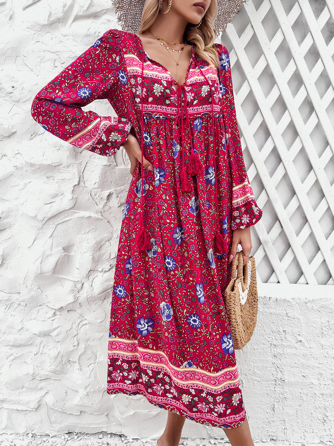 Tassel Tied Printed Long Sleeve Dress 