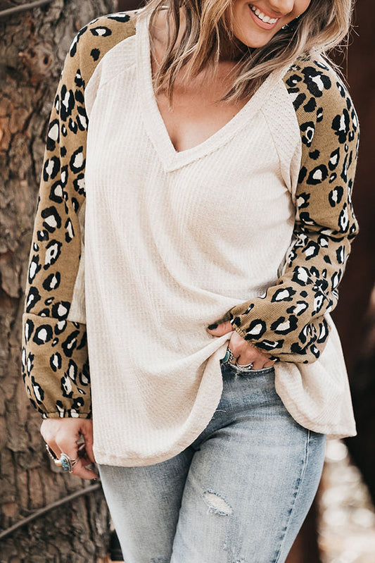 Plus Size Leopard V-Neck Raglan Sleeve Blouse - Babbazon blouse