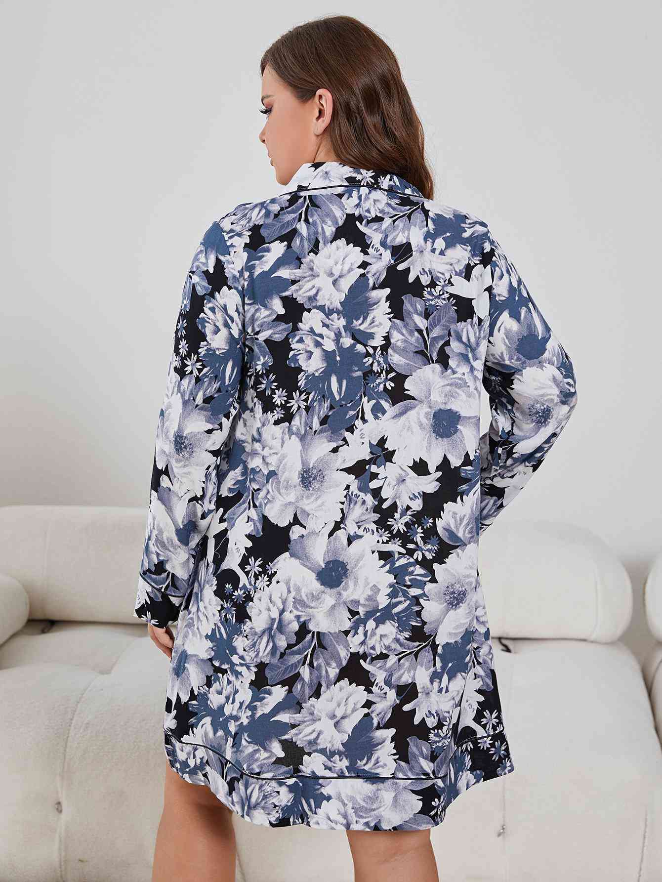 Plus Size Floral Lapel Collar Long Sleeve Night Dress 