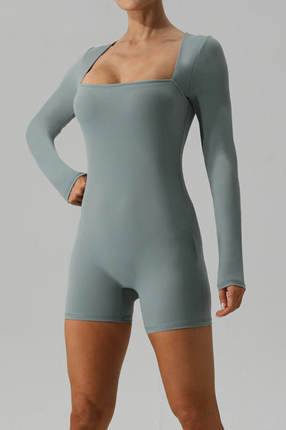 Square Neck Long Sleeve Active Romper 