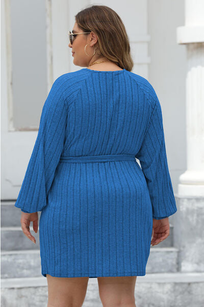 Plus Size Ribbed Tie Front Long Sleeve Sweater Dress 