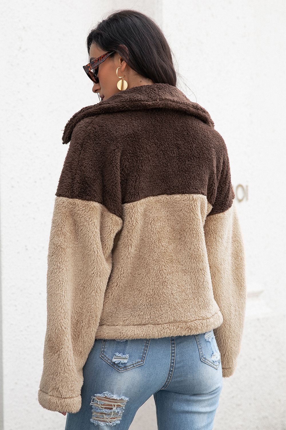 Two-Tone Collared Neck Fuzzy Jacket 