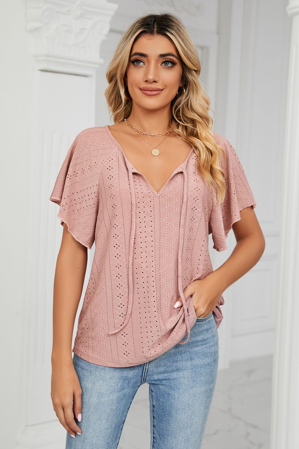 Eyelet Tie-Neck Flutter Sleeve Top 