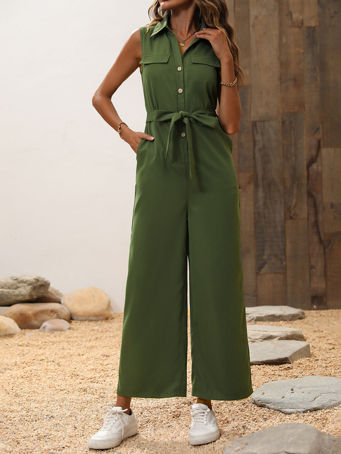 Tie Waist Sleeveless Wide Leg Jumpsuit 