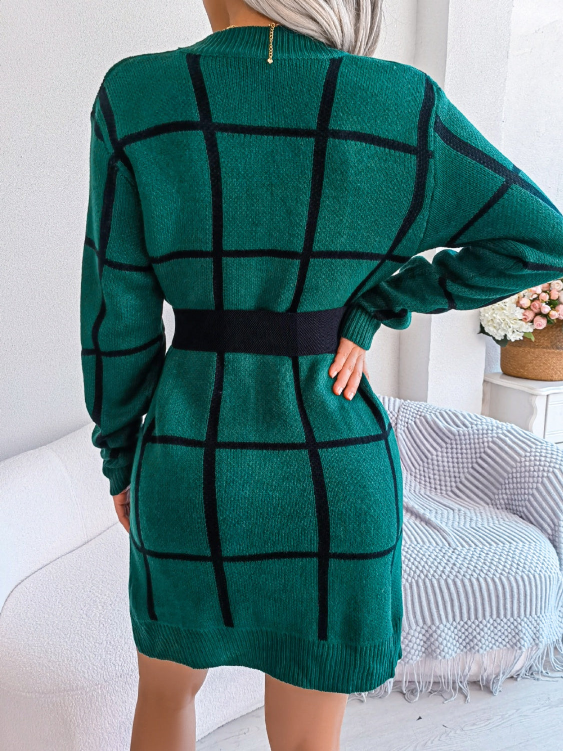 Plaid Round Neck Dropped Shoulder Sweater Dress 