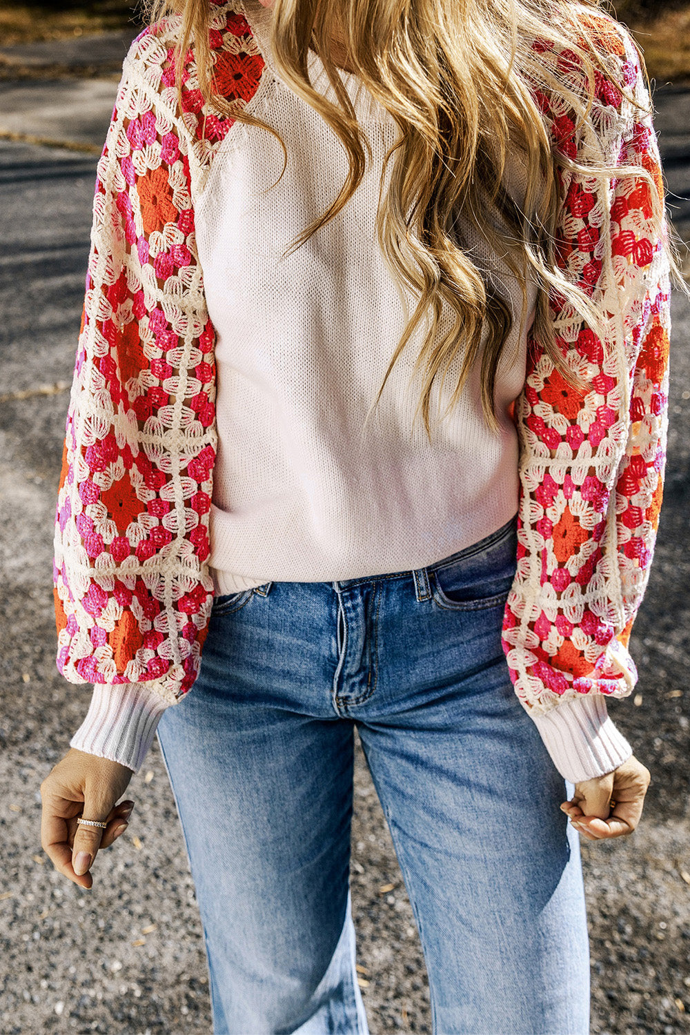 Flower Element Openwork Round Neck Sweater 