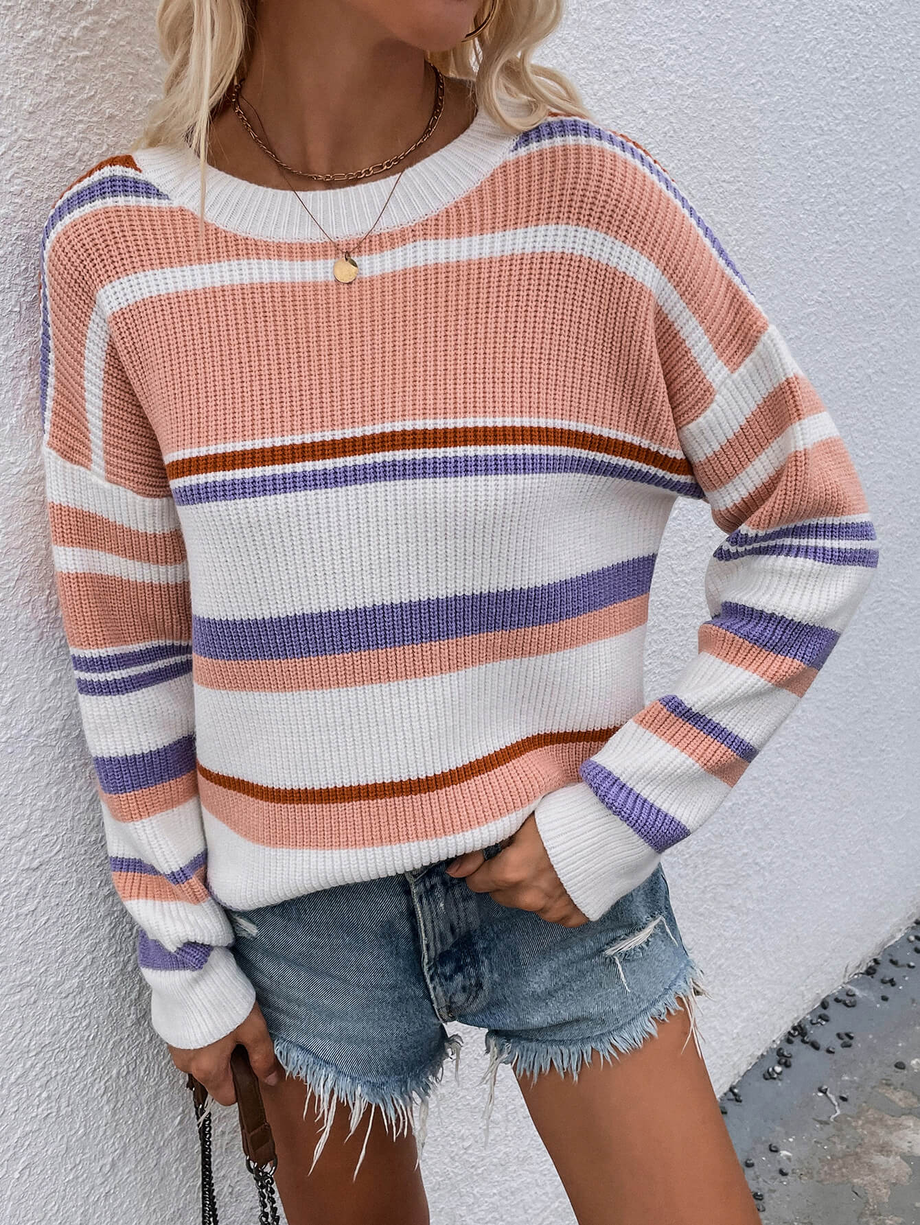 Striped Drop Shoulder Round Neck Pullover Sweater