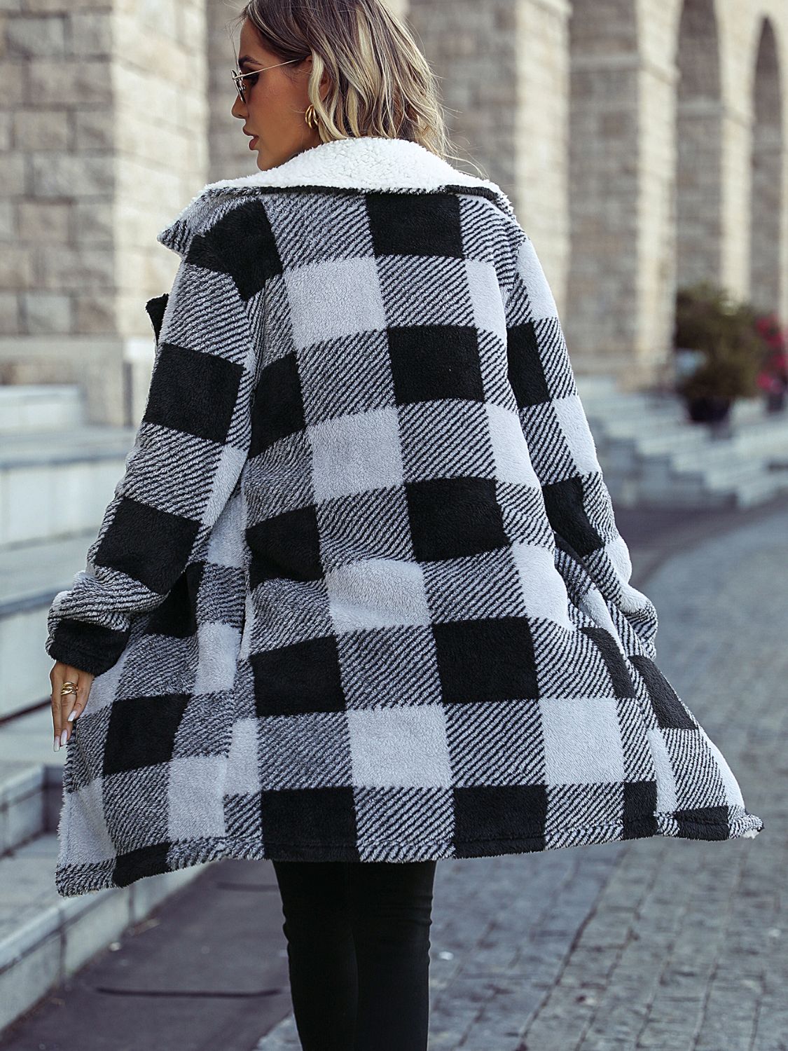 Plaid Open Front Coat with Pockets 