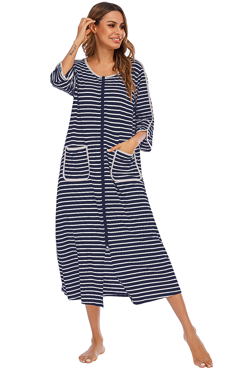 Round Neck Three-Quarter Sleeve Midi Night Dress 