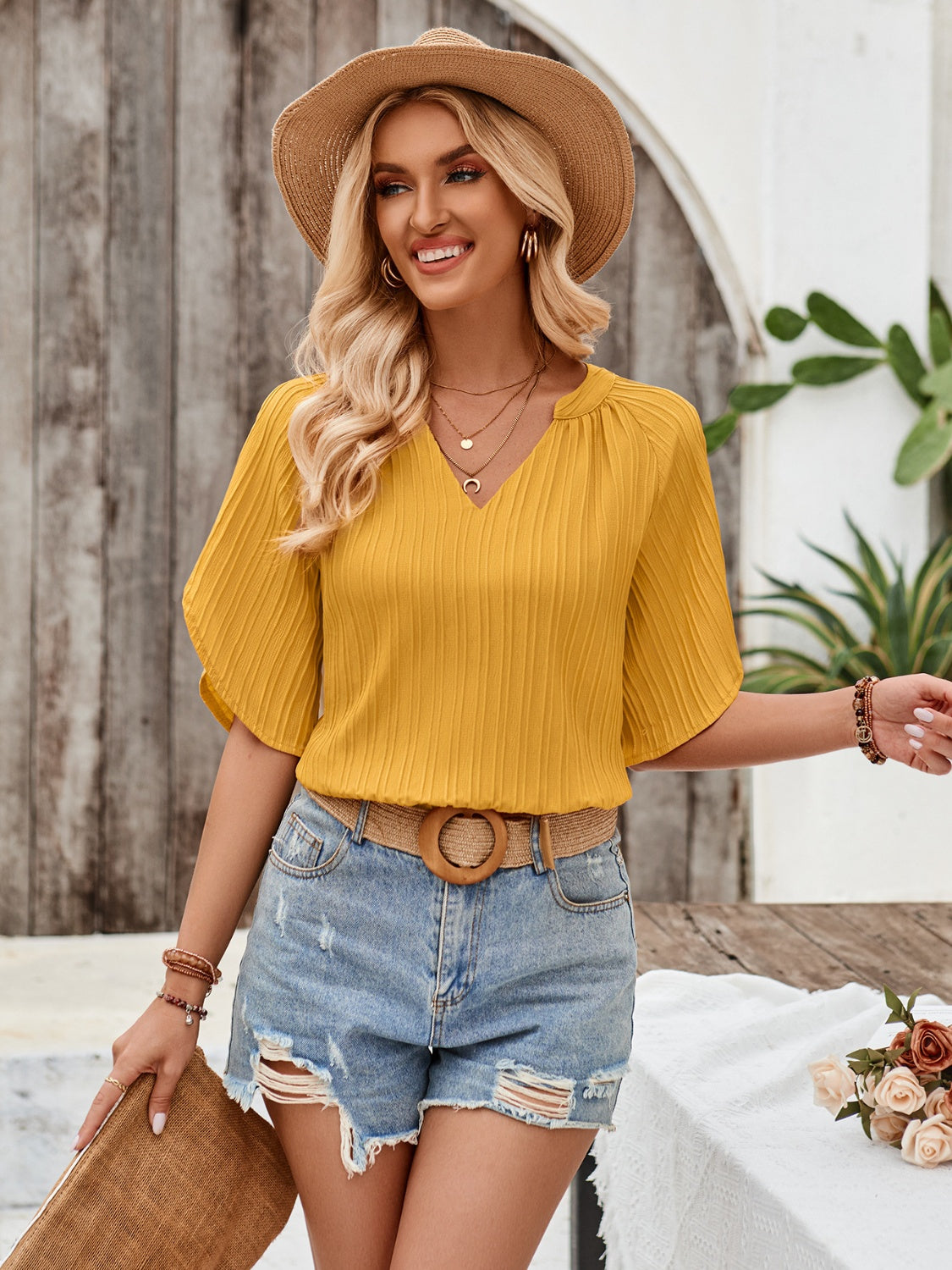 Notched Slit Half Sleeve Blouse 