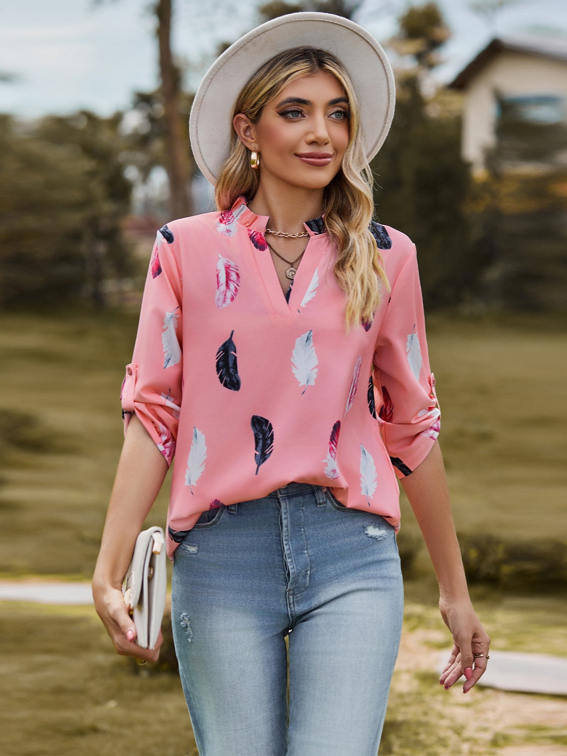 Printed Frill Notched Roll-Tab Sleeve Blouse 