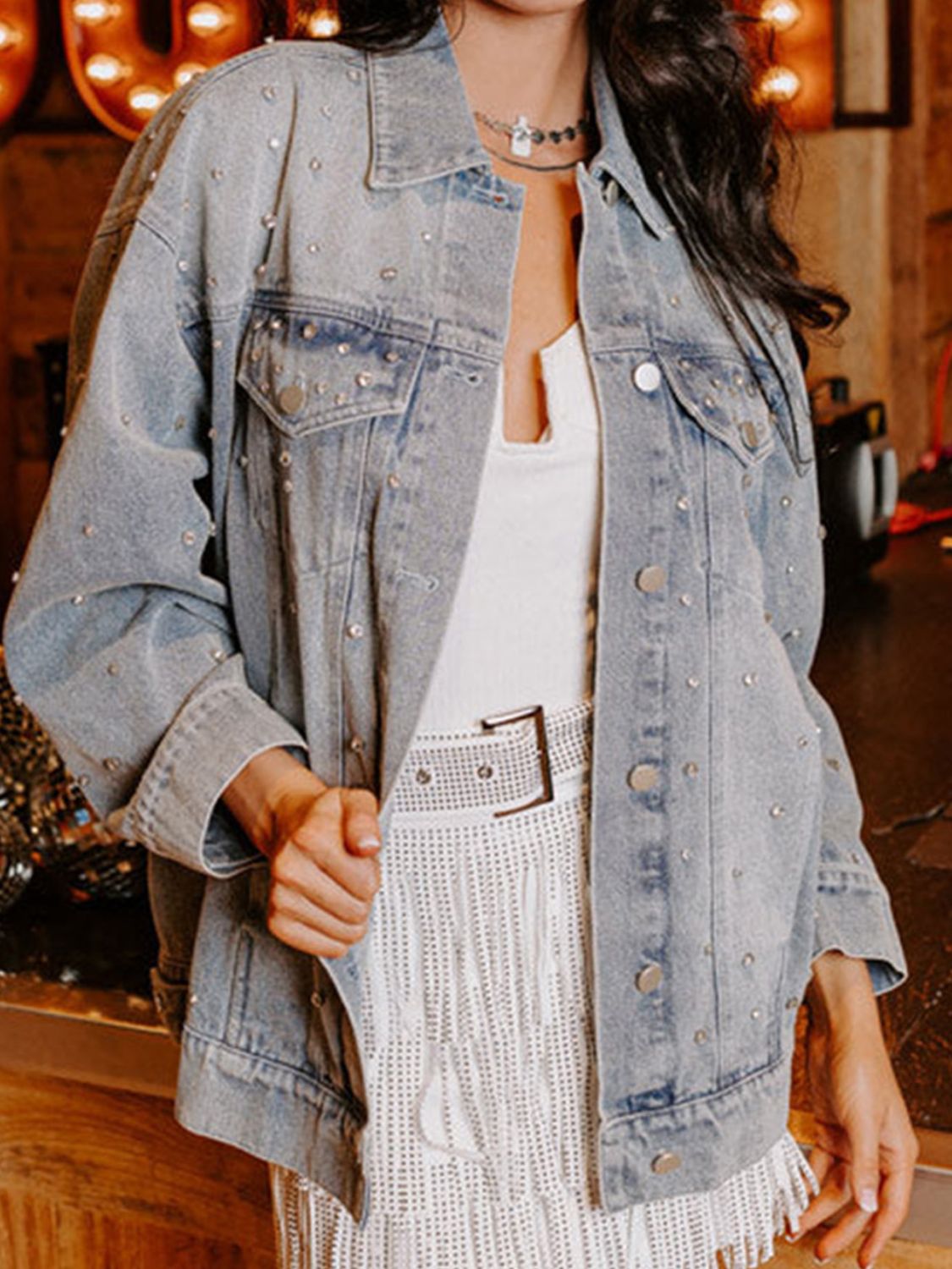 Rhinestone Detail Button Up Denim Jacket 