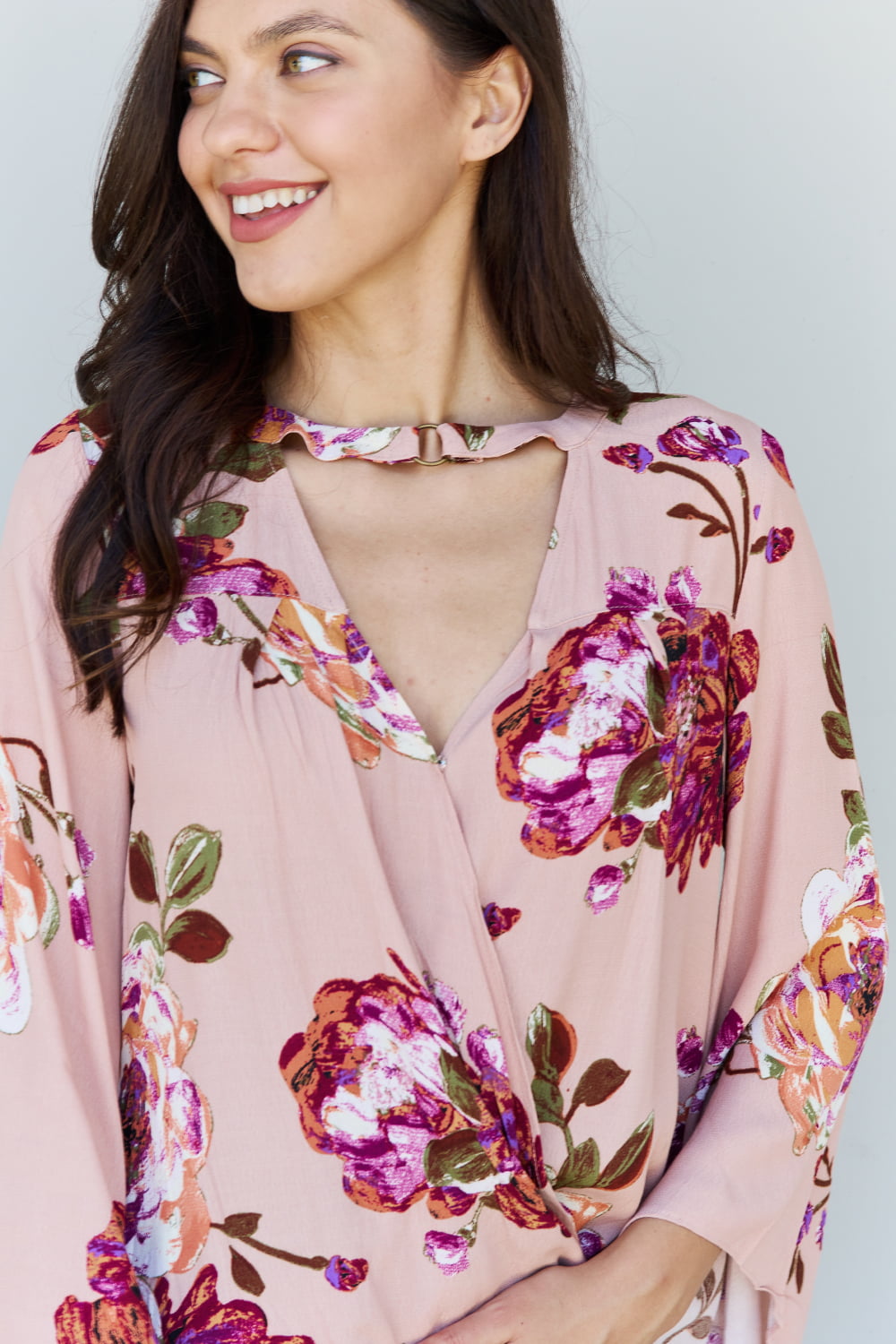 ODDI Full Size Floral Bell Sleeve Crepe Top 