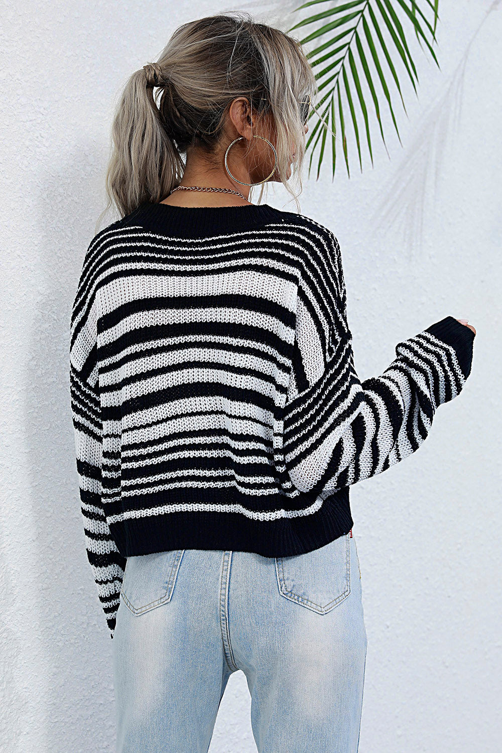 Striped Round Neck Dropped Shoulder Sweater 