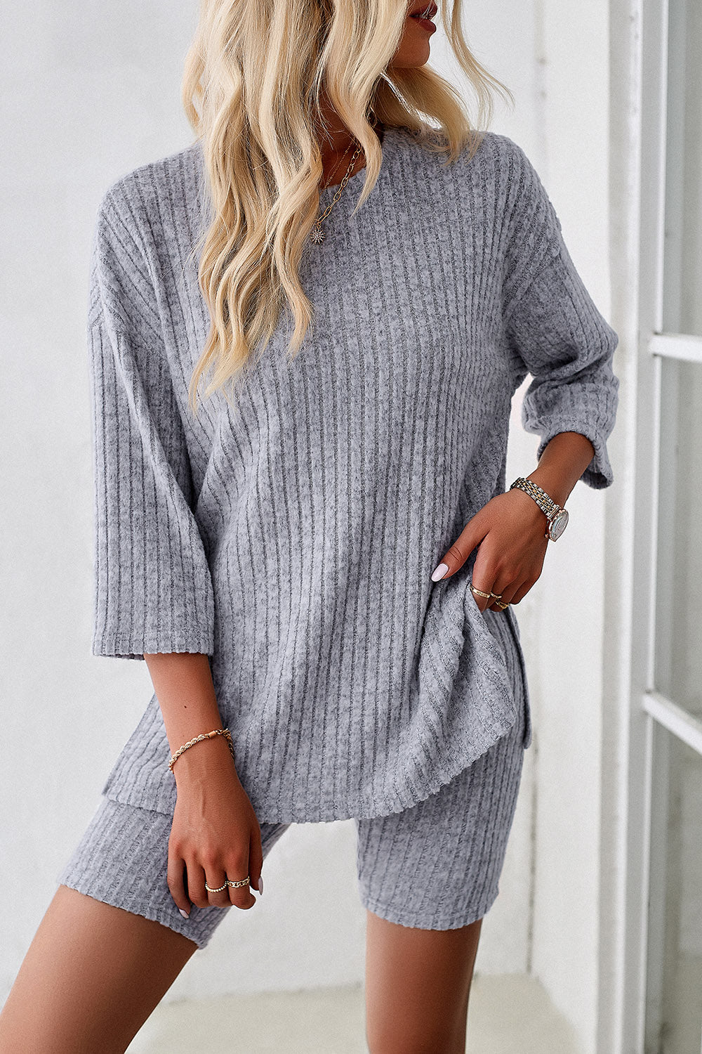 Ribbed Round Neck Top and Shorts Set 