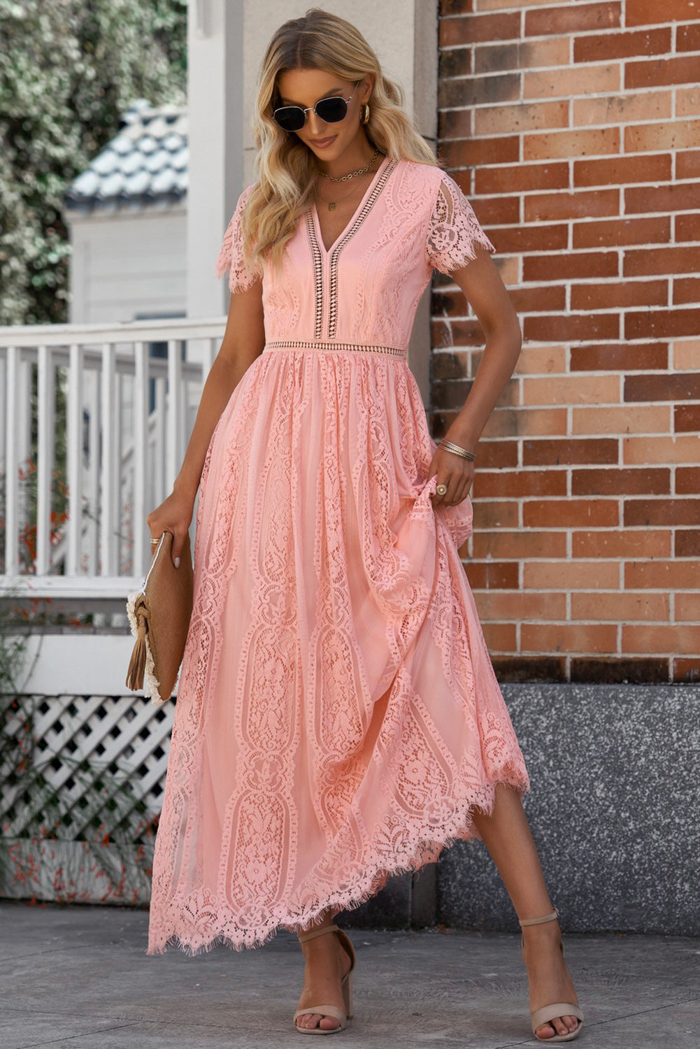 Scalloped Trim Lace Plunge Dress - Babbazon Maxi Dress