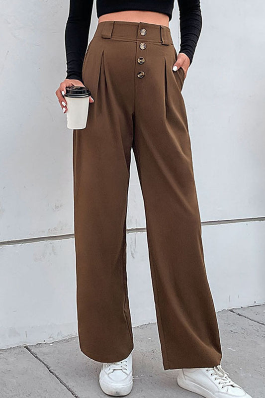 Button-Fly Pleated Waist Wide Leg Pants with Pockets 