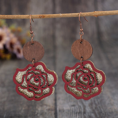 Wooden Alloy Rose Shape Dangle Earrings 