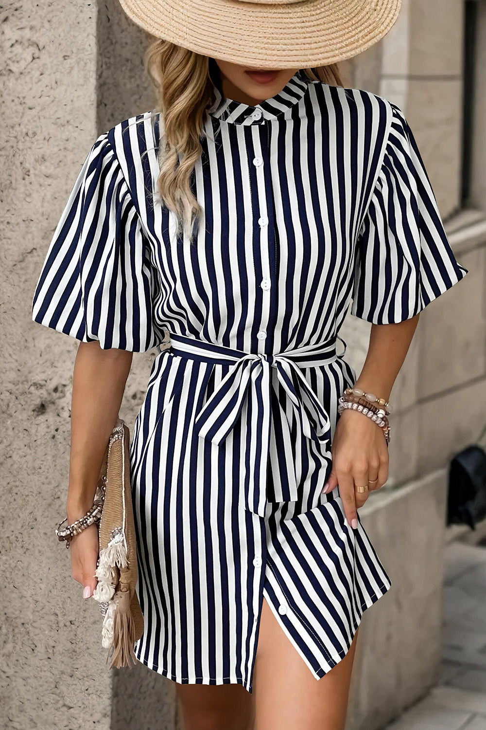 Striped Button Up Tie Waist Mini Dress 