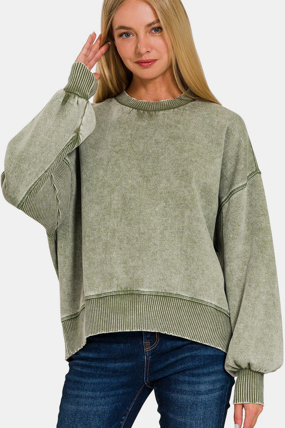 Zenana Round Neck Dropped Shoulder Lantern Sleeve Sweatshirt 