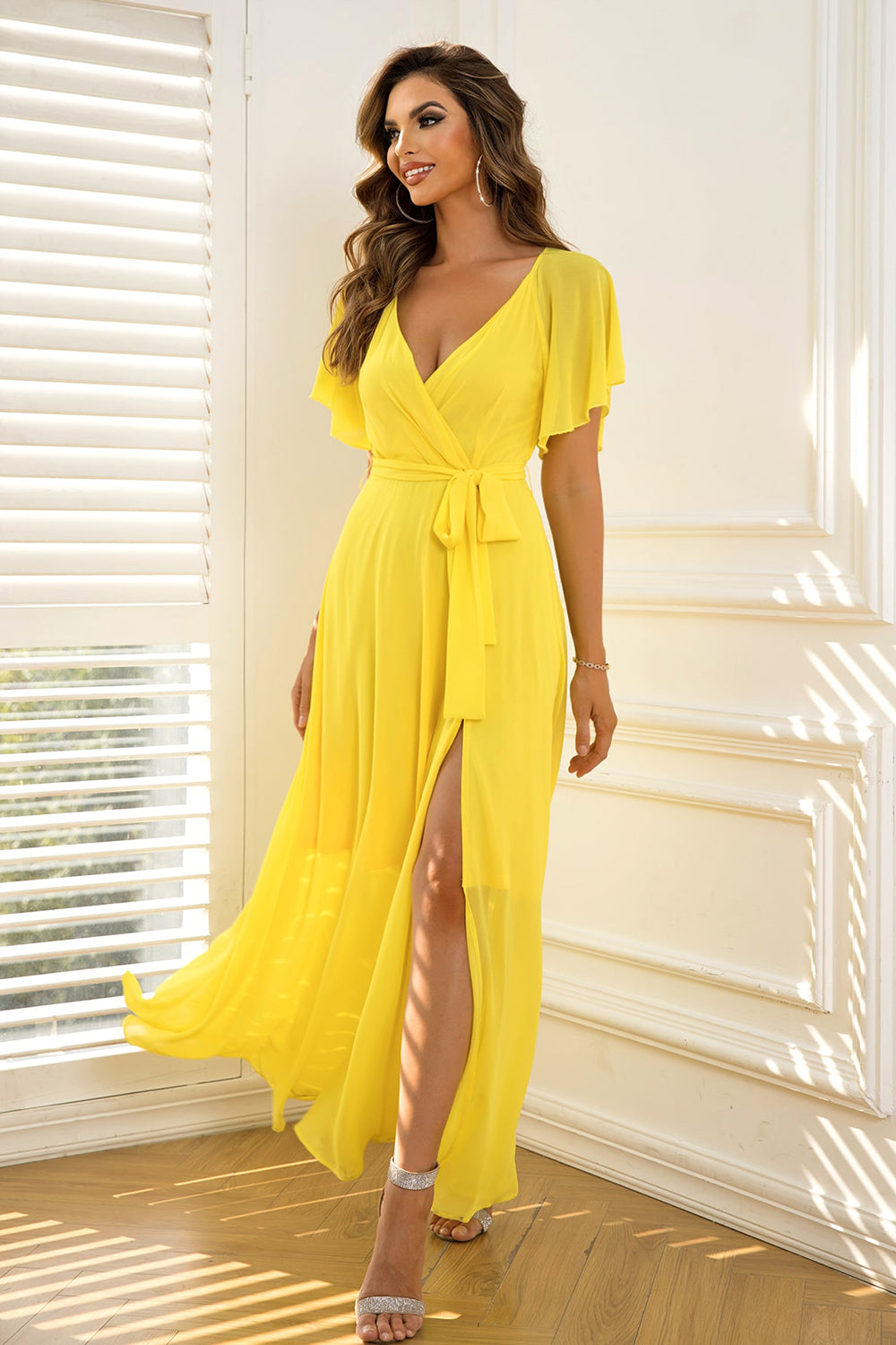 Tie Waist Flutter Sleeve Maxi Dress 