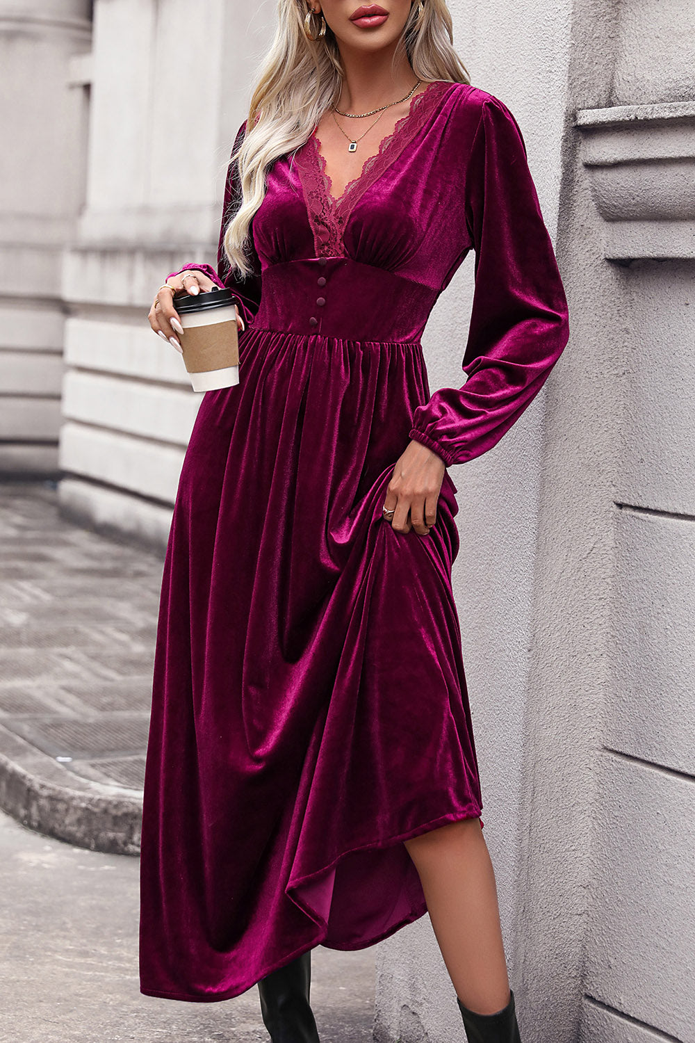 Lace Detail V-Neck Balloon Sleeve Midi Dress 