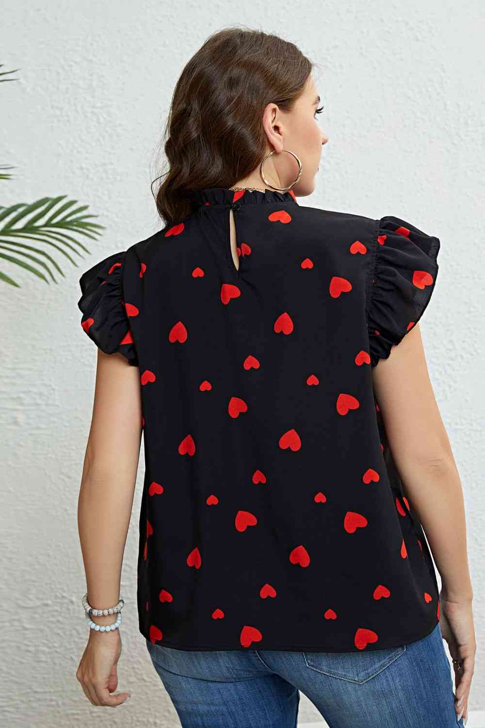 Plus Size Heart Print Butterfly Sleeve Mock Neck Top 