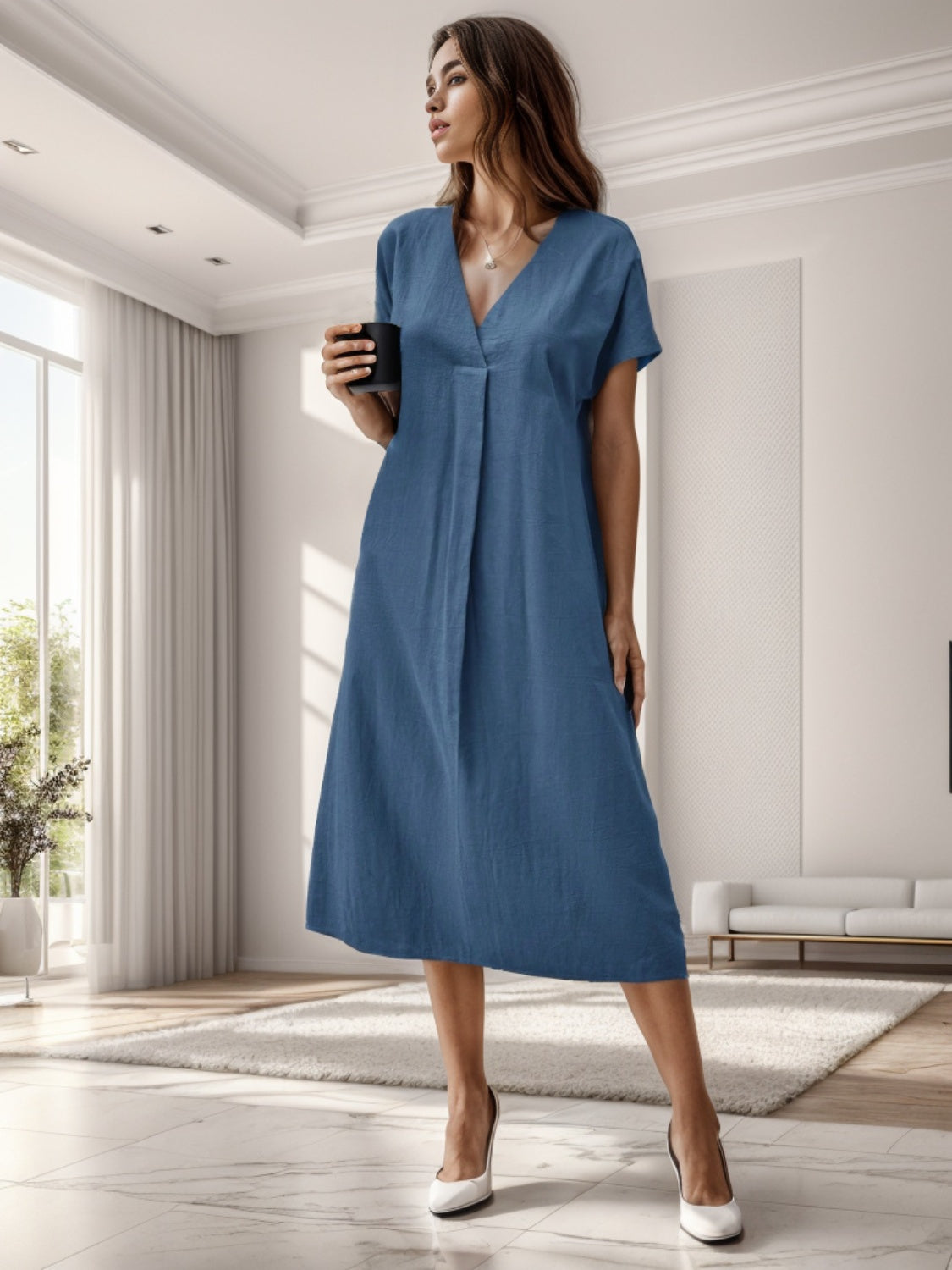 Surplice Short Sleeve Midi Dress 