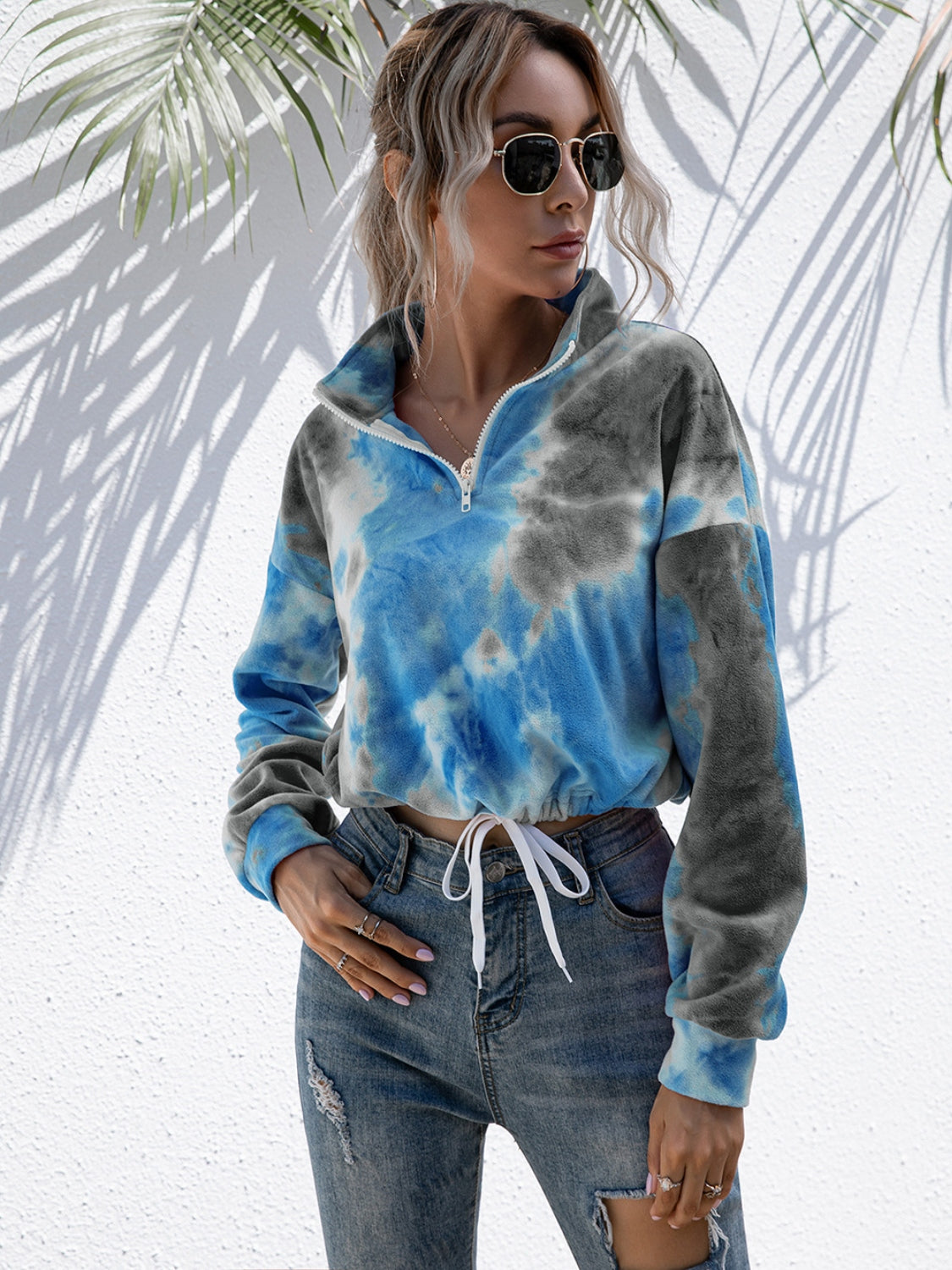 Tie-Dye Quarter Zip Dropped Shoulder Sweatshirt