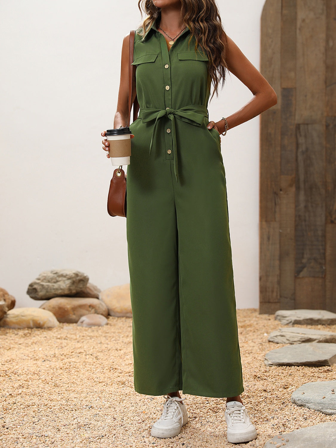 Tie Waist Sleeveless Wide Leg Jumpsuit 