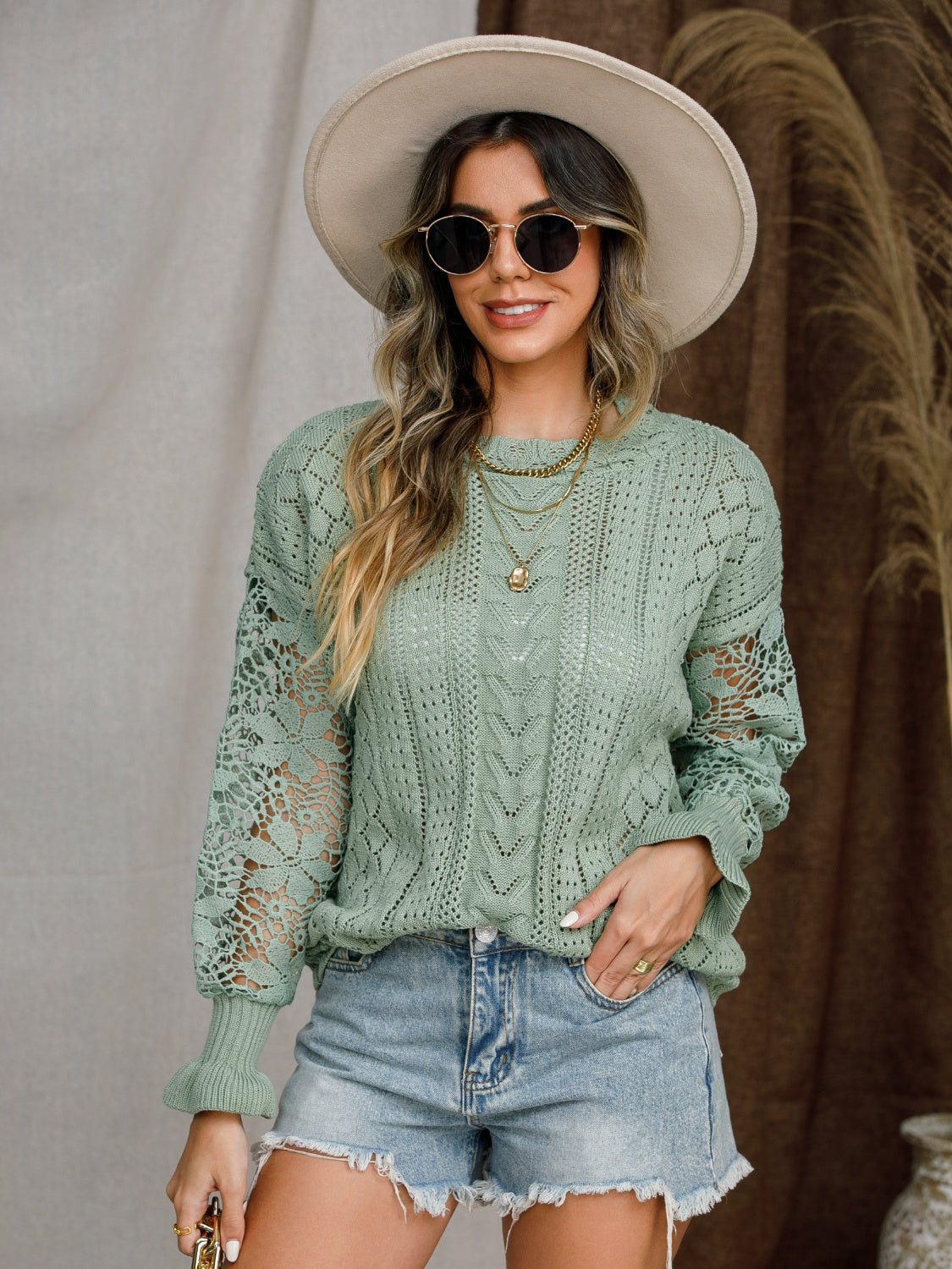 Eyelet Crochet Lantern Sleeve Sweater 