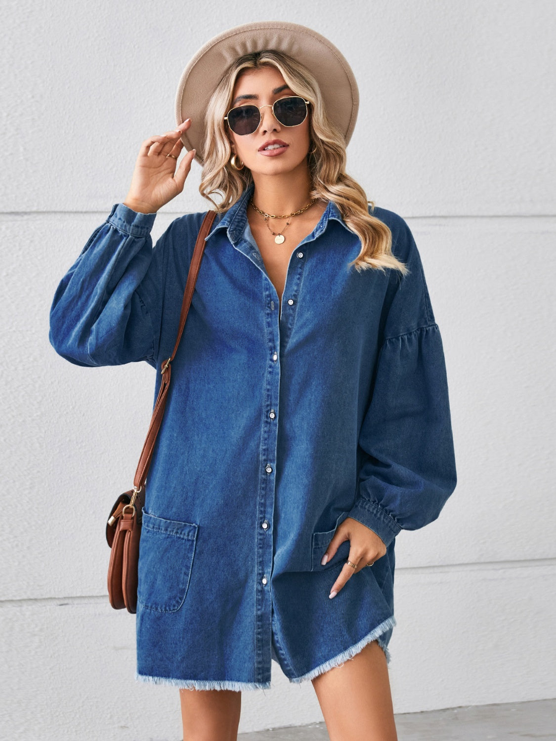 Button Up Pocketed Raw Hem Denim Dress 