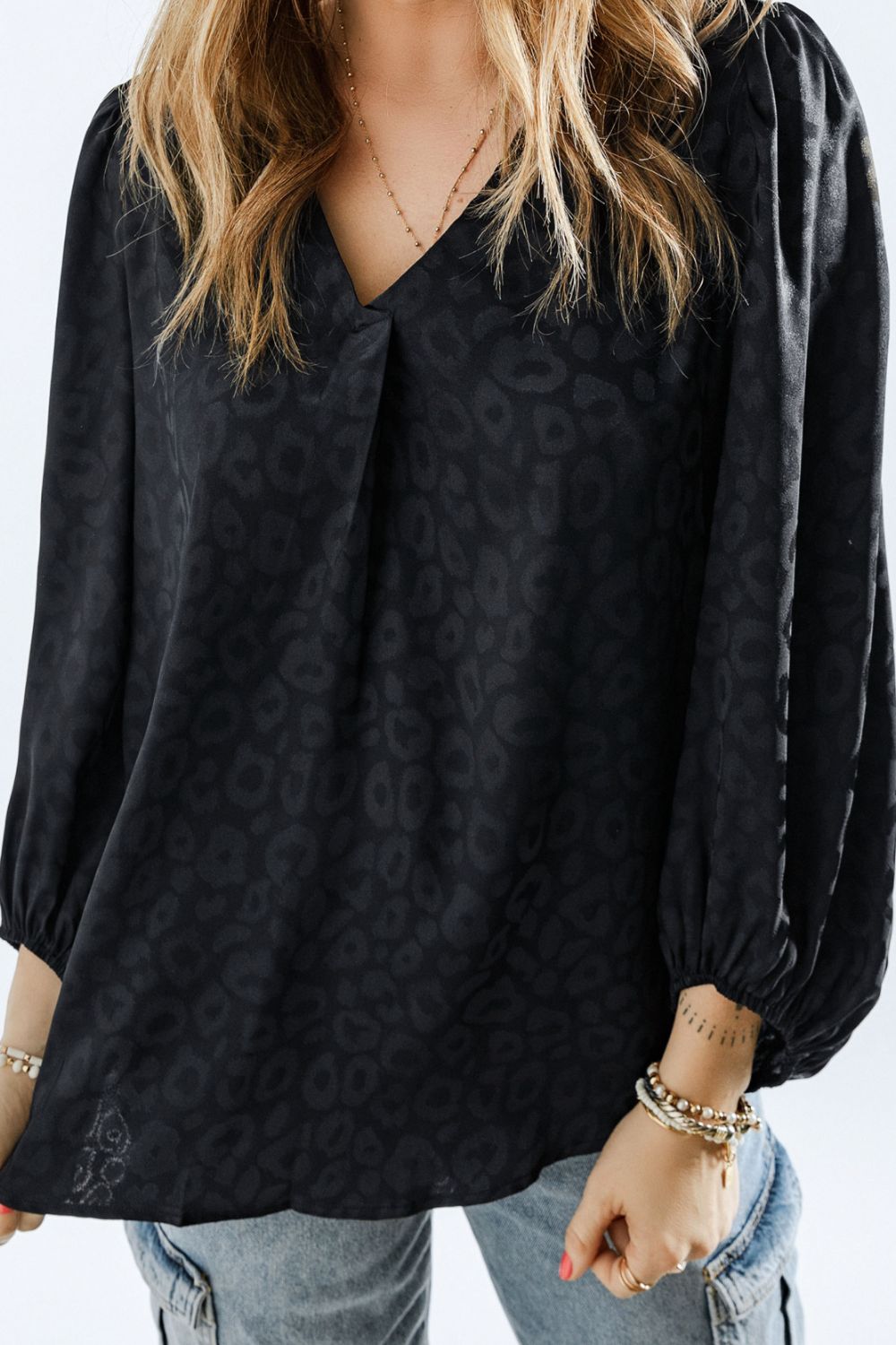 Leopard V-Neck Balloon Sleeve Blouse 