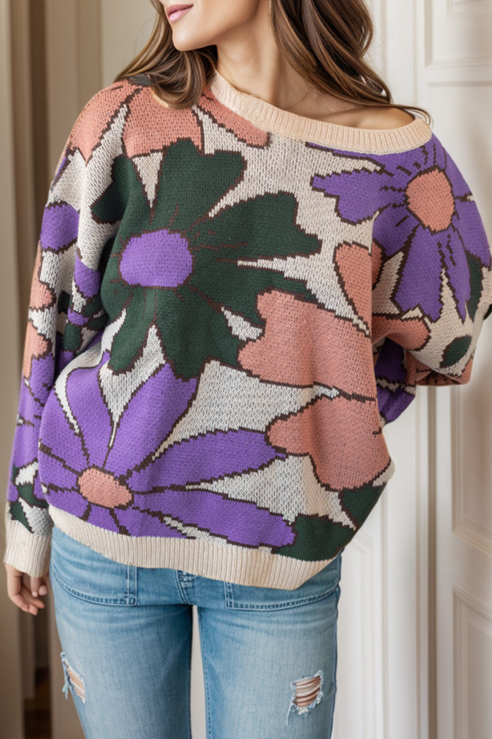 Flower Round Neck Dropped Shoulder Sweater 