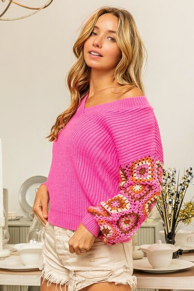 BiBi V-Neck Crochet Long Sleeve Sweater 