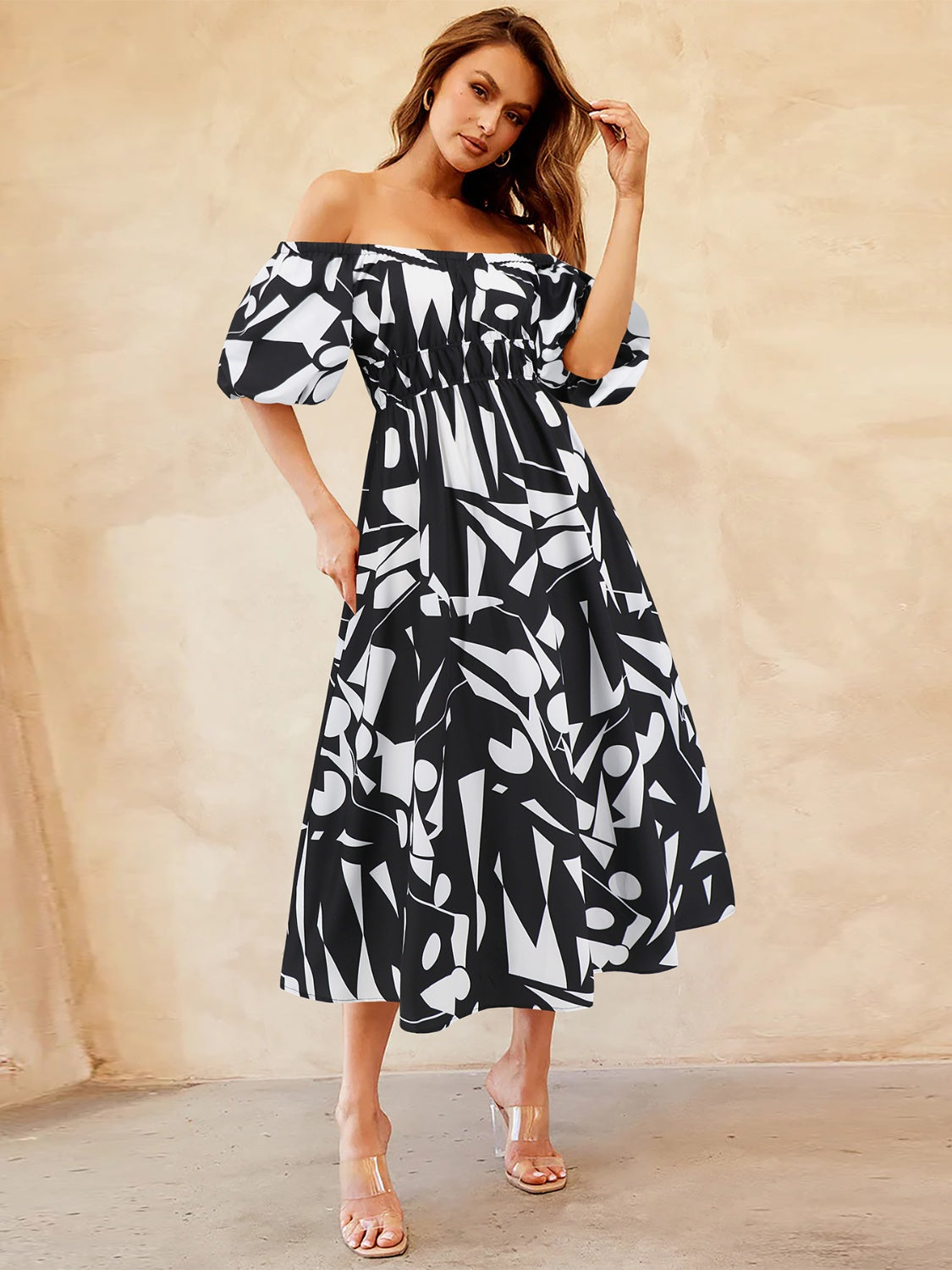 Printed Off-Shoulder Balloon Sleeve Dress - Babbazon Midi Dress