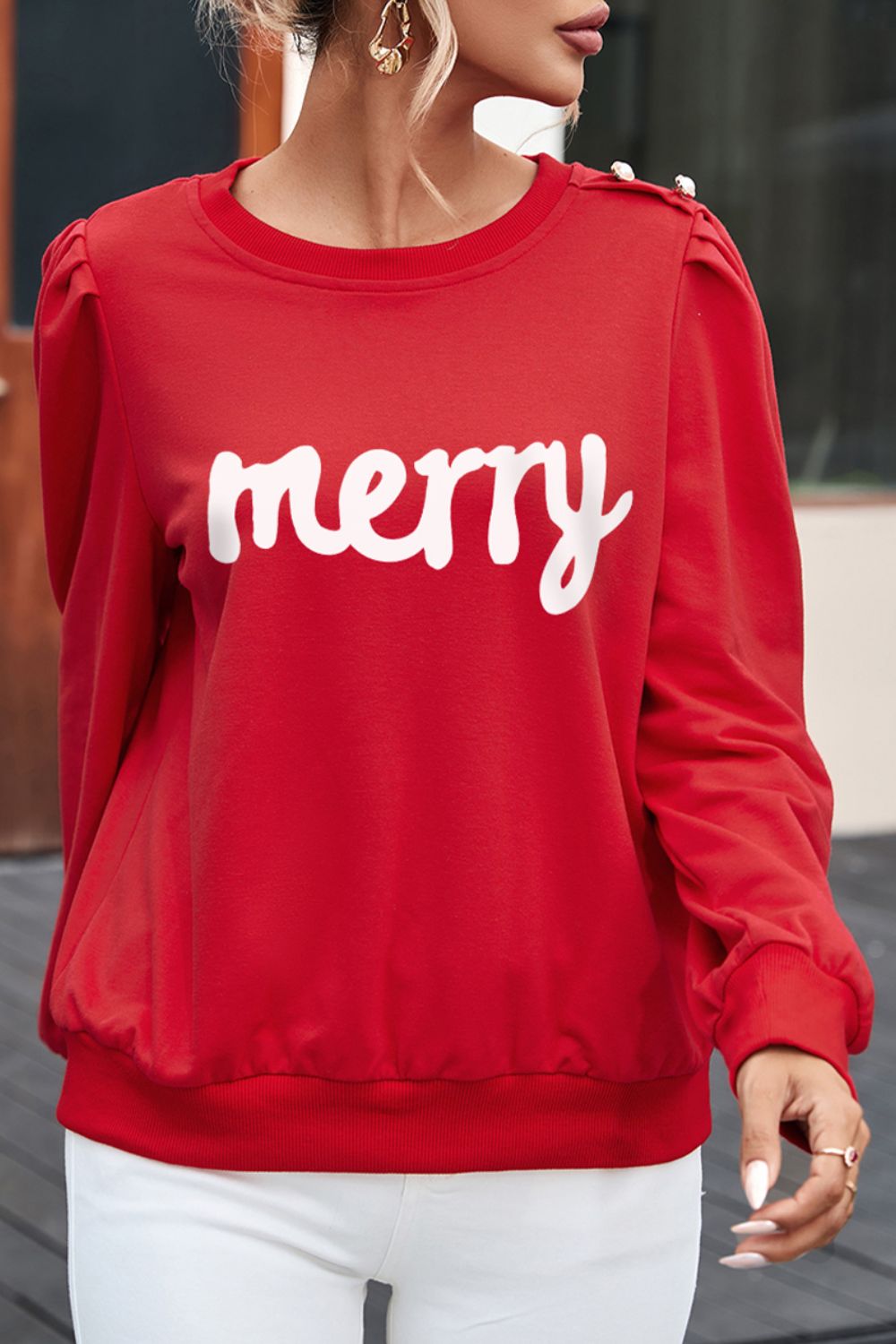 MERRY Ruff Sleeve Buttoned Sweatshirt 