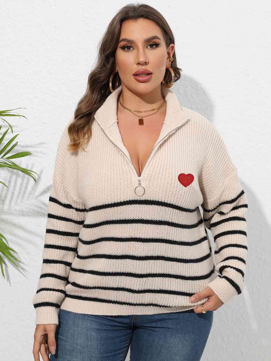 Plus Size Zip-Up Striped Sweater