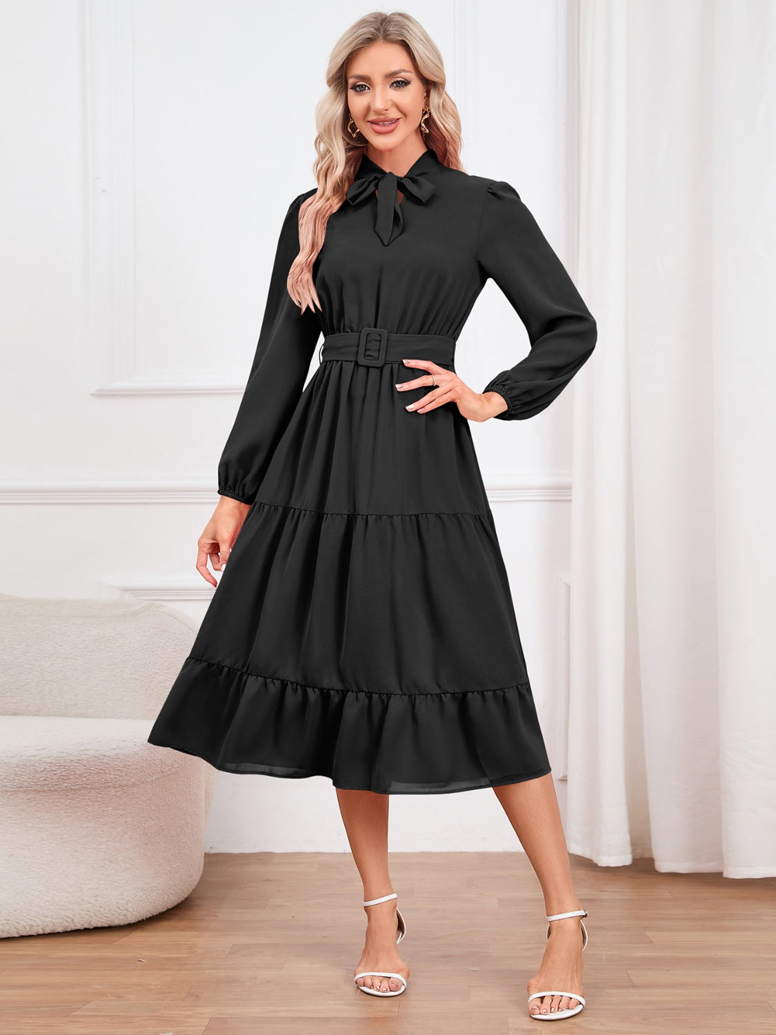 Tie Neck Long Sleeve Tiered Dress 