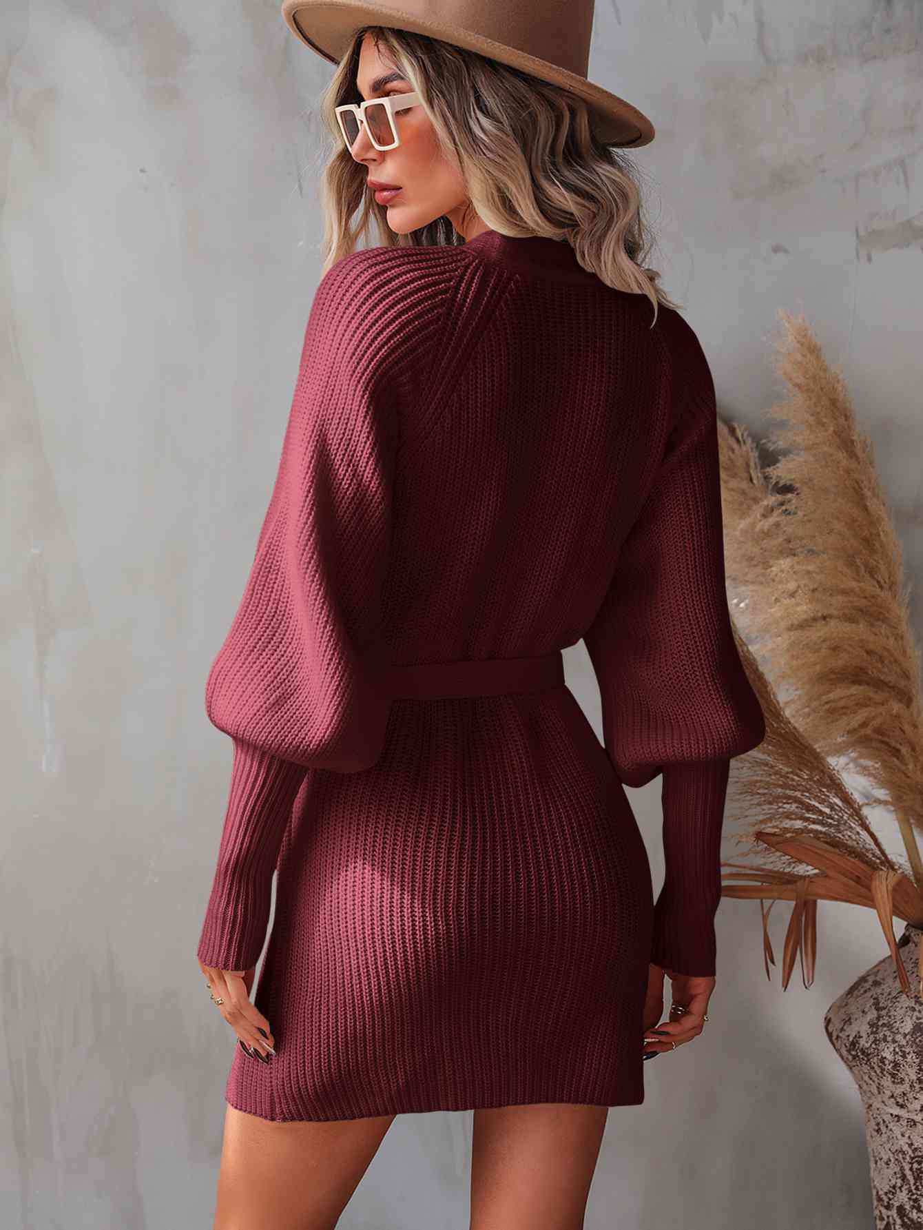 Belted Surplice Lantern Sleeve Wrap Sweater Dress 