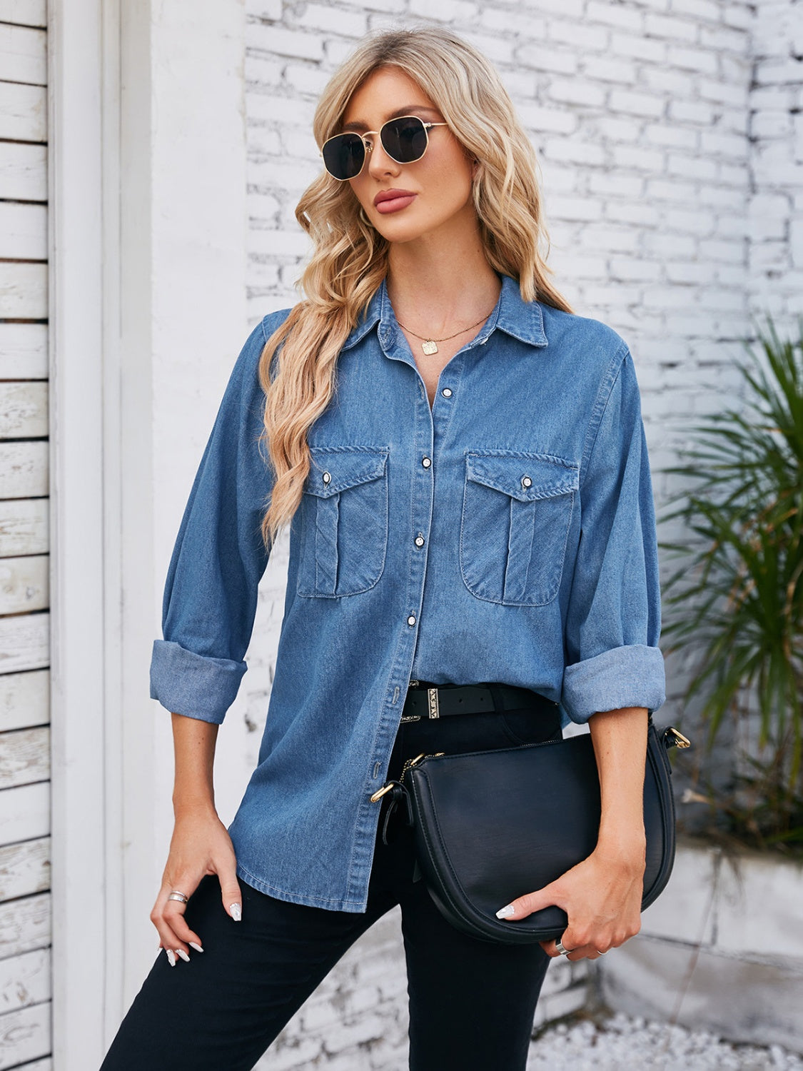 Button Up Collared Neck Denim Jacket 