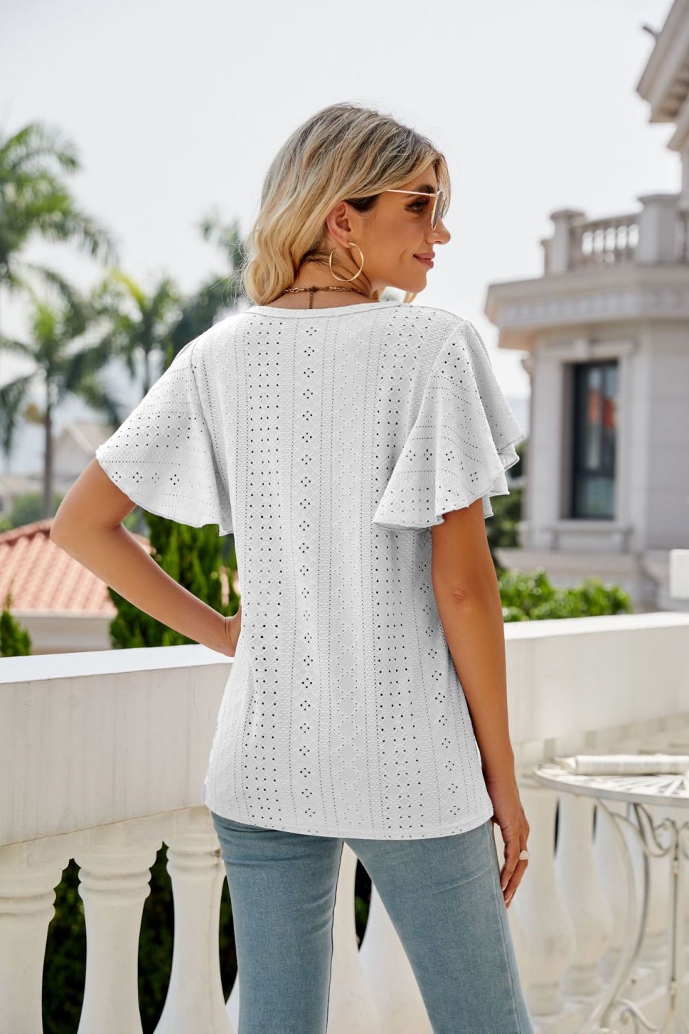 Eyelet Flutter Sleeve Round Neck Top 